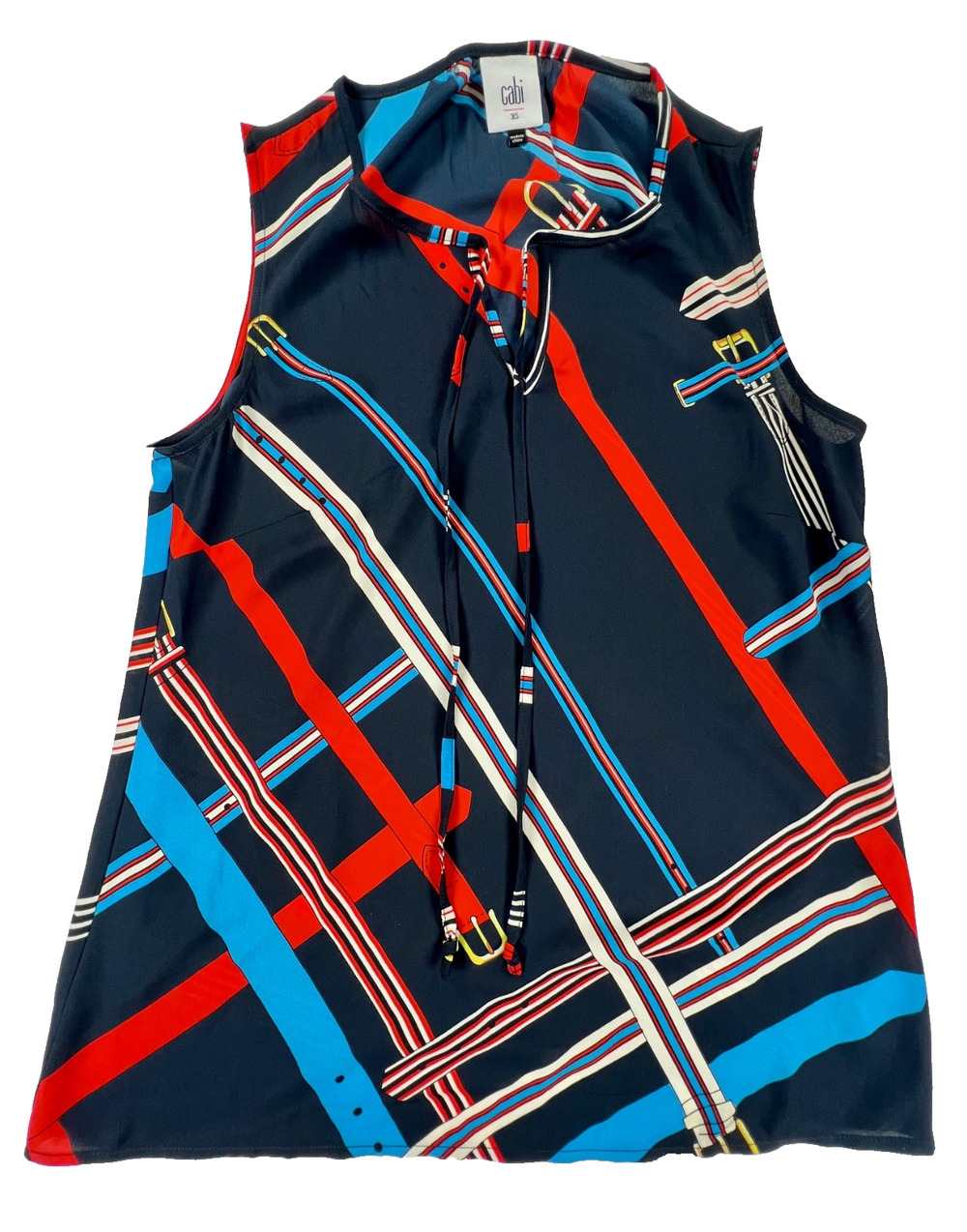 Cabi Sleeveless Blouse/Top in Blue-Red Belt Pattern with Tie Neck (Women's XS)